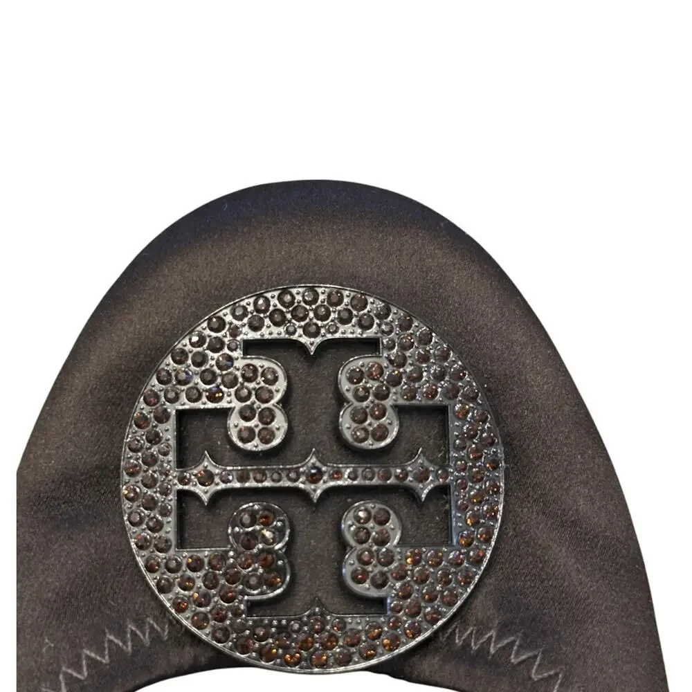 Tory Burch Minnie Crystal Reva Embellished Logo Ballet Flats Size 10 Brown